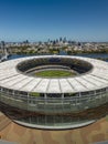 Aerial vertical shot of Perth Stadium and city skyline