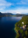 Aerial vertical view of the Bohinj lake. Travel and tours concept. landscape ot the Triglav national park, summer forest and Royalty Free Stock Photo