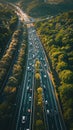 Aerial vertical view of motorway at rush hour