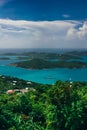 Aerial, vertical view on the turquoise sea and green hills around.