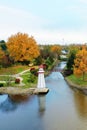 Aerial vertical of Wellington Park in Simcoe, Canada in autumn