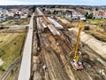Aerial view on railroad modernisation works near Otwock in Poland.