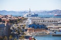 Aerial vibrant view of San Francisco port, with clock tower and the Ferry Building Marketplace, California, United States, seen Royalty Free Stock Photo