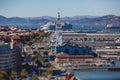 Aerial vibrant view of San Francisco port, with clock tower and the Ferry Building Marketplace, California, United States, seen