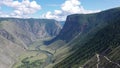 Aerial video of the valley of Altai river Chulyshman. Siberia, Russia