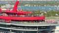 Aerial video Virgin Voyages cruise ship aft deck and running track