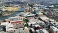 Aerial video of Waterfront Hall Hilton Hotel Belfast Cityscape Northern Ireland