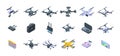 Aerial videography icons set isometric vector. Drone camera