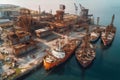 aerial view of abandoned dockyard with rusty cranes and ships