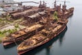 aerial view of abandoned dockyard with rusty cranes and ships