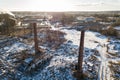 Aerial view of abandoned Kuldiga town match factory and wood processing company Vulkans, Latvia Royalty Free Stock Photo