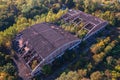 Aerial view about abandoned residential neighborhood, looks like an apocalyptic ghost town.