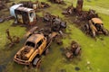 aerial view of abandoned rusty farm machinery
