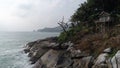 Aerial view on abandoned wooden small house isolated on rocks near sea in Phuket Royalty Free Stock Photo