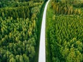 Aerial view from above of country road through the green summer forest in summer Finland.