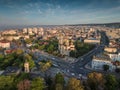 Aerial view above downtown of Varna, Bulgaria. Cityscape landscape, Drama theatre, The Cathedral of Assumption and city center