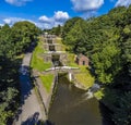 An aerial view above the Five Locks on the Leeds, Liverpool canal at Bingley, Yorkshire, UK Royalty Free Stock Photo