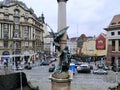 Aerial view from above of Lviv city, Ukraine. Beautiful drone photography. Adam Mitzkevich monument and angel sculpture