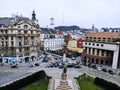 Aerial view from above of Lviv city, Ukraine. Beautiful drone photography. Fire Torch on top of Adam Mitzkevich monument