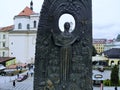 Aerial view from above of Lviv city, Ukraine. Beautiful drone photography. Taras Shevchenko historical memorial and monument