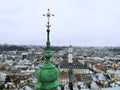 Aerial view from above of Lviv city, Ukraine. Beautiful drone photography. Town Hall tower and cathedral church, city centre Royalty Free Stock Photo