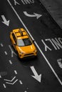 Aerial view above a New York yellow taxi cab on a city street Royalty Free Stock Photo