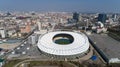 Aerial view above the Olympic Stadium in Kiev. Kyiv bussines and industry city landscape.