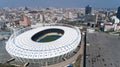 Aerial view above the Olympic Stadium in Kiev. Kyiv bussines and industry city landscape.