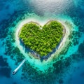 Aerial view above paradise tropical heart shape island in the caribbean sea, a heavenly beach to relax. AI generated summer image Royalty Free Stock Photo