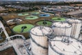 Aerial view above waste water treatment plant with green algae Royalty Free Stock Photo