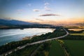 Aerial view from above the water surface of Liptovska Mara water reservoir on serene nature landscape, the High Tatras