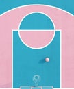 Aerial view abstract pastel pink blue color basketball court with hoop and ball minimalistic composition. 3d render Royalty Free Stock Photo