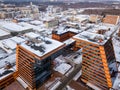 Aerial view of academpark technopark of the Novosibirsk Academic Township - large building with laboratories and innovative