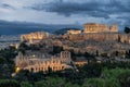 Aerial view of Acropolis of Athens with Parthenon temple in the night in Athens, Greece. Ancient Greek architecture at Royalty Free Stock Photo