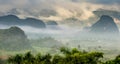 Aerial View across the Vinales Valley in Cuba. Morning twilight and fog. Fog at dawn in the Valley of Vinales Royalty Free Stock Photo