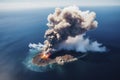 Aerial view of an active volcano erupting, spewing ash and smoke into the sky over a tranquil ocean, with lava flowing Royalty Free Stock Photo