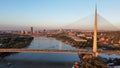 Aerial view of the Ada Bridge spanning an expanse of water. Belgrade, Serbia.