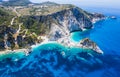 Aerial view Agia Eleni beach in Kefalonia Island, Greece. Remote beautiful rocky beach with clear emerald water and high