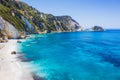 Aerial view Agia Eleni beach in Kefalonia Island, Greece. Remote beautiful rocky beach with clear emerald water and high Royalty Free Stock Photo