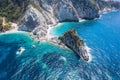 Aerial view Agia Eleni beach in Kefalonia Island, Greece. Remote beautiful rocky beach with clear emerald water and high Royalty Free Stock Photo