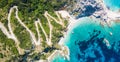 Aerial view Agia Eleni beach in Kefalonia Island, Greece. Remote beautiful rocky beach with clear emerald water and high Royalty Free Stock Photo