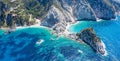 Aerial view Agia Eleni beach in Kefalonia Island, Greece. Remote beautiful rocky beach with clear emerald water and high Royalty Free Stock Photo