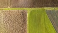 Aerial view of agricultural fields showcasing a patchwork of brown and green textures. The vibrant contrast and patterns Royalty Free Stock Photo