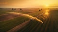 Aerial view of at Agricultural irrigation system in potato field, watering crop for more growth. Center pivot system irrigation.