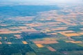 Aerial view of agricultural land patchwork crops.