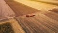 Aerial view of agricultural tractor in the field Royalty Free Stock Photo