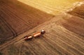 Aerial view of agricultural tractor in the field Royalty Free Stock Photo