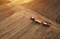 Aerial view of agricultural tractor in the field Royalty Free Stock Photo