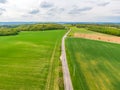 Aerial view of agriculture fields, meadow and road inside. Rural scene of countryside. Fresh green colors, look to above tree. Day