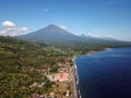 Aerial view of Agung volcano in Bali. In background mountain Abang and volcano Batur. Beatiful view to landscape with sea. Highest Royalty Free Stock Photo